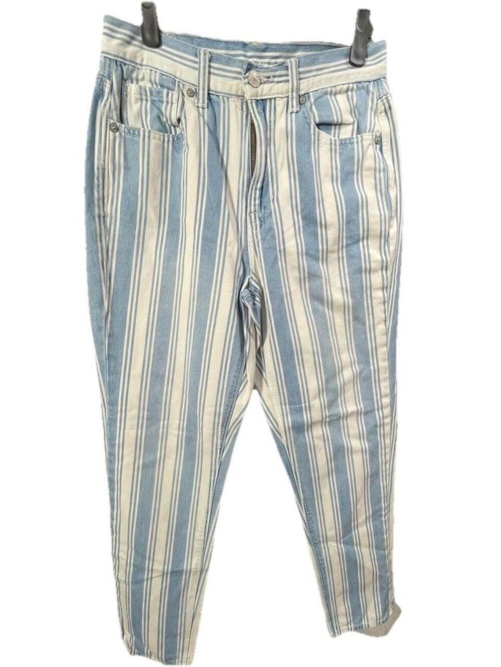 American Eagle Jeans Women’s Blue White Mom Striped High Rise Tapered Sz 2